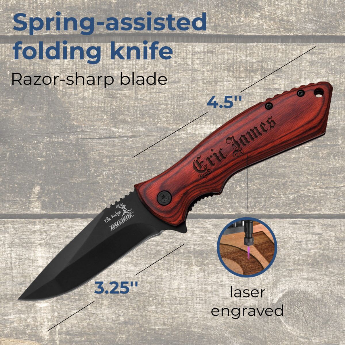 Personalized 7.75" Spring Assisted Folding Knife with Wood Handle - Image 3