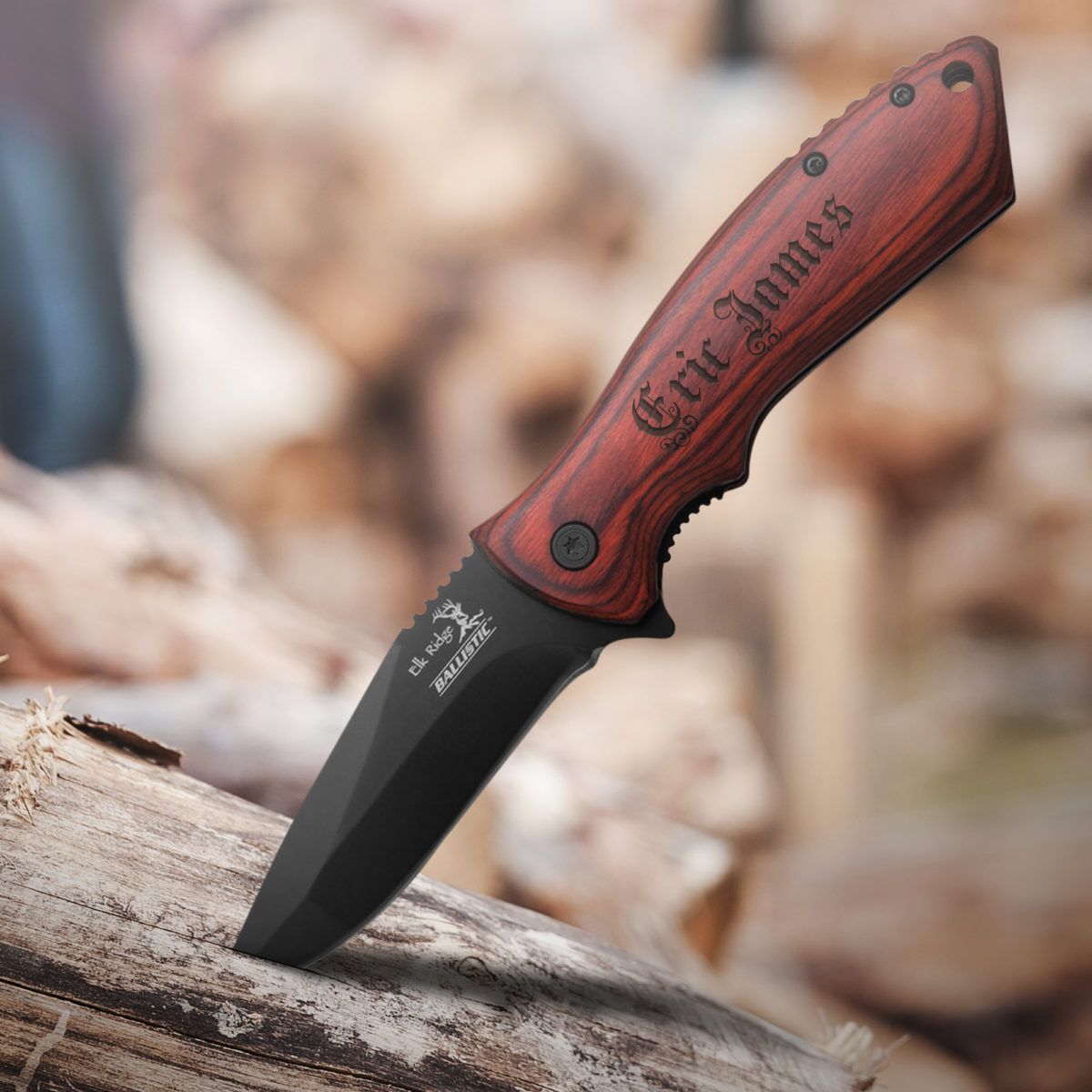 Personalized 7.75" Spring Assisted Folding Knife with Wood Handle